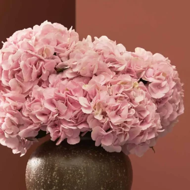 Fall for Hydrangeas Pink Brown Vase Detailed