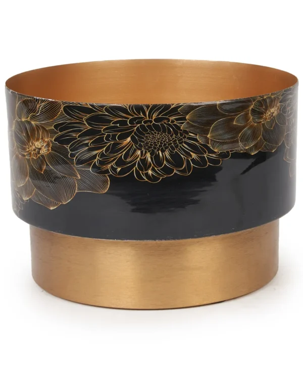 ELORA GOLD IRON PLANTER ENAMEL FLOWERS PRINT ROUND 700970 20X29CM