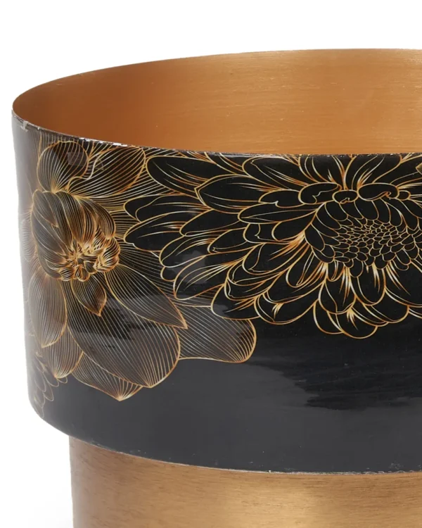 ELORA GOLD IRON PLANTER ENAMEL FLOWERS PRINT ROUND 700970 20X29CM copy detailed